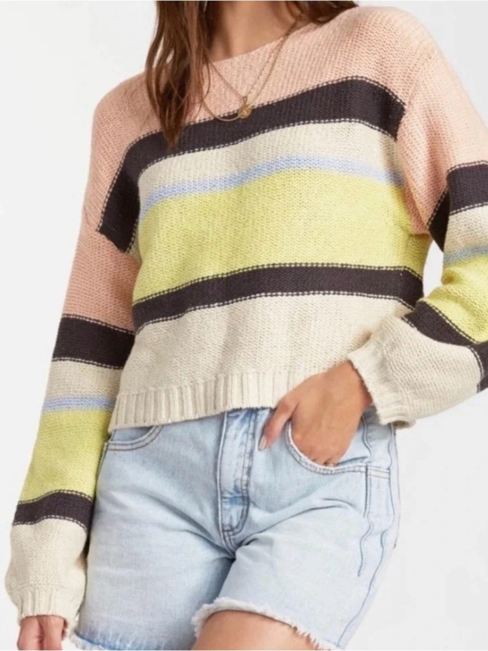 Billabong Striped Pastel Crewneck Sweater - Yellow & Pink Coastal vibe